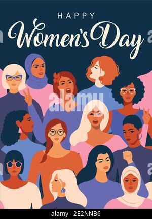 Female diverse faces of different ethnicity poster. Women empowerment movement pattern International womens day graphic in vector. Stock Vector