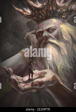 Old King of dark in crown hold a man in hand Stock Vector
