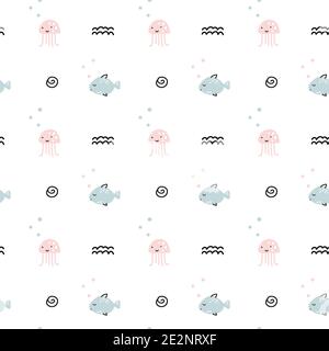 Marine Seamless pattern with cute undersea inhabitants octopuses and fishes. Creative childish background. Perfect for kids apparel, fabric, textile Stock Vector