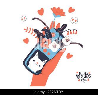 Woman hand holding smartphone with congrats messages, cute cat and flowers. Stock Vector