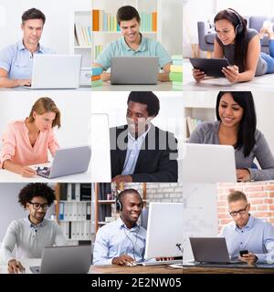 Diverse People Using Laptop Computers Collage Set Stock Photo