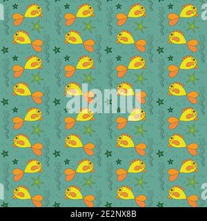 seamless pattern of goldfish and starfish green on a blue background Stock Vector