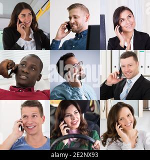 Diverse Business People Talking On Smart Phone Portrait Collage Stock Photo