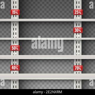 realistic vector empty wall shelf with promotional signs. Vector isolated announcement promotion sale on transparent background. Stock Vector