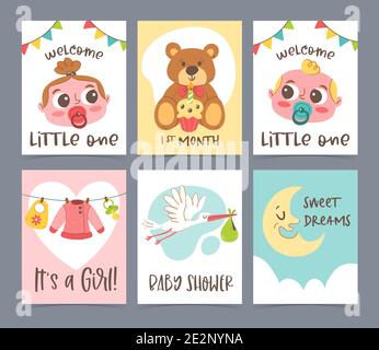 Cute baby shower card collection. New born greeting cards and invitation. Hand drawn vector illustration. Stock Vector