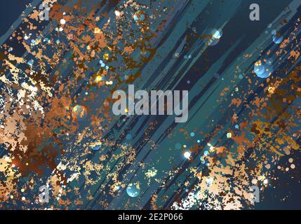 Blue textured background, painted with large brush strokes, decorated with bronze foil. Grunge Texture. Stock Vector