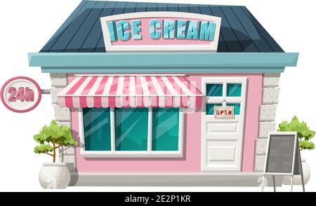 cartoon style of ice cream cafe front shop view. Isolated on white background with green bushes, 24h sign and menu stand. Stock Vector