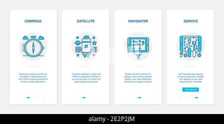 Gps navigation service technology vector illustration. UX, UI onboarding mobile app page screen set with line geocaching travel adventure equipment to navigate, compass navigator satellite symbols Stock Vector