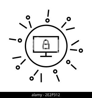 Cybersecurity outline icon. Endpoint protection concept. Locked computer under protection. Simple line art isolated illustration Stock Vector