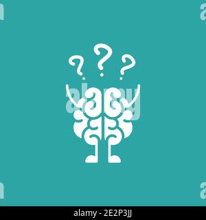 brain character with hands, legs and question marks. Intellect, phsychology, knowledge simple pictogram isolated on blue. flat vector illustration. Stock Vector