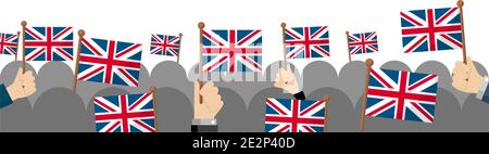 People holding the national flag in hand , vector banner illustration / UK, united kingdom, England Stock Vector