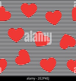 Red hearts seamless pattern on striped background. Stock Vector
