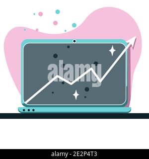 Rising trend, economic growth, improvement diagram statistics, positive dynamics concept illustration. Flat bright vector isolated. Laptop screen, arrow up. Progress strategy report, data analytics. Vector illustration Stock Vector