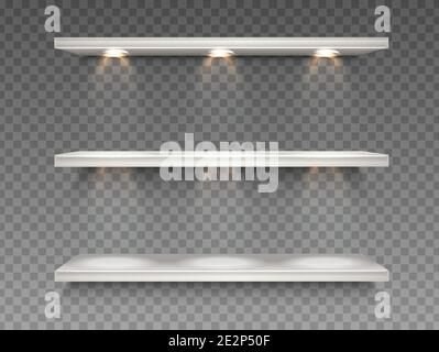 realistic vector white supermarket shelves on transparent background with spot light. Stock Vector