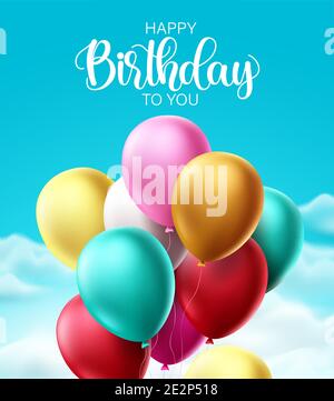 Happy birthday balloons vector design. Birthday text with colorful bunch of flying balloon elements for birthday party celebrations and invitation car Stock Vector