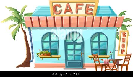 cartoon style of cafe front shop view. Isolated on white background with green palms, dinning table and chairs. Stock Vector