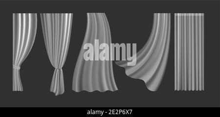 Curtains vector illustration set. 3d realistic fluttering curtains collection from white fabric silk cloth for window decoration, blowing hanging Stock Vector