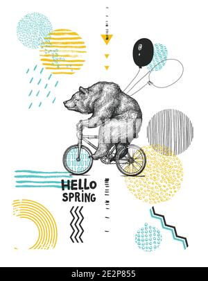 Bear with Balloons Rides Bicycle. Wearing Facial Mask. Hello. Spring Sarcasm Poster. T-shirt Print. Vintage Mascot Cute Fun Grizzly Cycle Bike Stock Vector