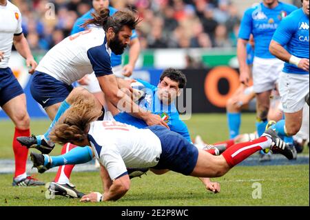 France's Sebastien Chabal, Dimitri Szarzewski and Italy's Andrea Masi during the RBS Six Nations Rugby Tournament match, France vs Italy at Stade de France in Saint-Denis near Paris, France on March 14, 2010. France won 46-20. Photo by Stephane Reix/ABACAPRESS.COM Stock Photo