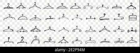 Various clothes hangers doodle set. Collection of hand drawn elegant hangers for clothing of different shapes and styles isolated on transparent background. Illustration of fashion accessories Stock Vector