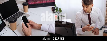 Collage of forex businessman using smartphone near computers and coffee to go in office, banner Stock Photo