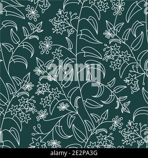 Nightshade. Floral decorative pattern. Seamless pattern of light outline on a green background Stock Vector