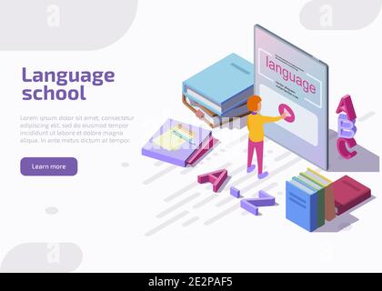 Language school isometric landing page. Isometric character learning english through application on tablet. Online education, training or e-learning courses, university lesson for banner and website. Stock Vector