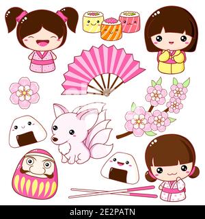 Set of cute icons in kawaii style. Japanese traditional toy kokeshi doll in kimono, nine-tailed fox Kitsune, rolls, fan, onigiri, sakura flowers. Bloo Stock Vector