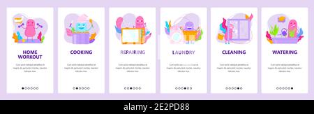 Home cooking, laundry, cleaning, repairing, watering plants, workout. Mobile app screens, vector website banner template Stock Vector