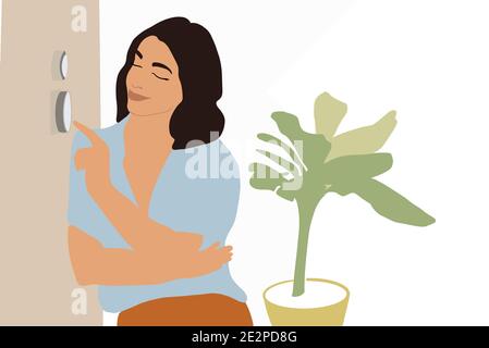 Portrait of woman using smart home device to change temperature. Vector illustration in pastel tones Stock Vector