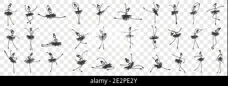 Women ballerina dancing doodle set. Collection of hand drawn elegant female characters classical dancers ballerinas making performance in different positions isolated on transparent background Stock Vector