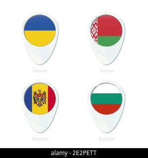 Ukraine, Belarus, Moldova, Bulgaria flag location map pin icon. Ukraine Flag, Belarus Flag, Moldova Flag, Bulgaria Flag. Vector Illustration. Stock Vector