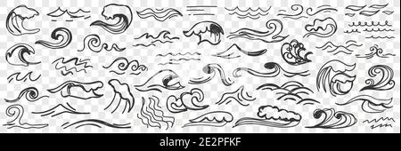 Sea waves on water surface doodle set. Collection of hand drawn ocean and sea waters with waves during storm and gloomy weather isolated on transparent background. Illustration of waves shapes  Stock Vector