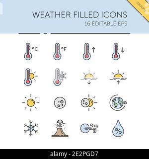 Weather and meteorology. Temperature, humidity and natural phenomenon group. Isolated color icon set. Filled vector illustration Stock Vector