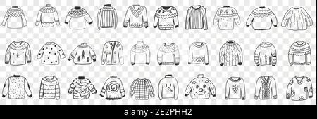 Various warm knitted sweaters doodle set. Collection of hand drawn stylish elegant jackets sweaters cardigans with different patterns for cold weather isolated on transparent background Stock Vector