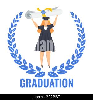 Student girl raised a diploma scroll above her head. Stock Vector