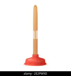Red wood toilet plunger. House cleaning tools, domestic equipment, repair sink bath clog, household duties, fix kitchen blockage concept. Stock vector Stock Vector