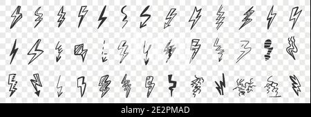 Various arrows and danger indicators doodle set. Collection of hand drawn arrows signs indicating current and voltage isolated on transparent background. Illustration of navigation symbols  Stock Vector