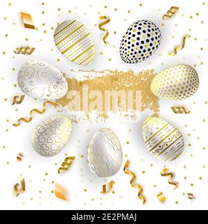 White Gold Easter eggs and gold serpentine on white background. Vector realistic illustration. Serpantine pieces isolated and eggs. Place for text in Stock Vector