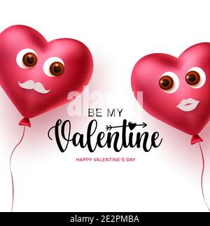 Valentine heart couple balloons vector concept design. Happy valentines text with 3d realistic lover heart balloons decoration elements in white Stock Vector
