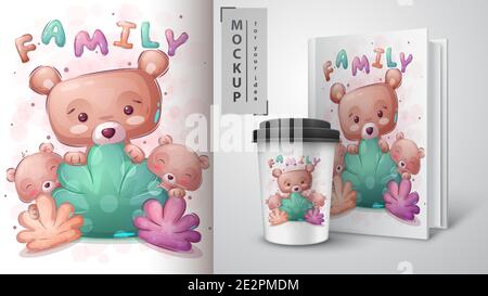 Bear family poster and merchandising. Stock Vector