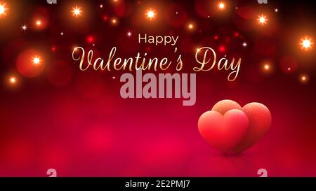 Red bokeh background for valentines day greeting card with pink hearts and gold lights. Happy valentine day banner. Invitation card with hearts. Love. Stock Vector