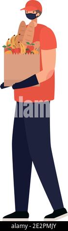 delivery man with safety mask and one paper bag full of market products Stock Vector