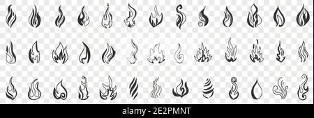 Fire and flame doodle set. Collection of hand drawn fire flames and forks of flames in different shapes burning in air in rows isolated on transparent background. Illustration of fire patterns  Stock Vector