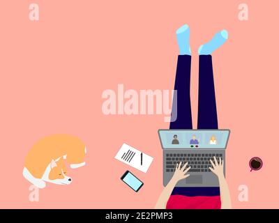 Work at home, quarantine, stay at home concept. Top view of freelancer working online, meeting conference at home with laptop computer Stock Vector