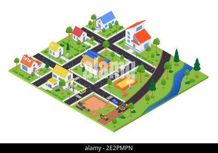 Housing complex under construction - vector colorful isometric illustration. Urban landscape with apartment houses, cottages for sale, road with cars. Stock Vector