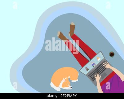 Work at home, quarantine, stay at home concept. Top view of freelancer working online, meeting conference at home with laptop computer. Stock Vector