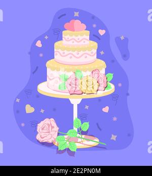 Wedding cake decorated with flowers and hearts. Vector illustration Stock Vector