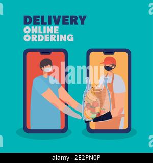 delivery online ordening lettering and man with safety mask and one plastic bag full of market products on a phone Stock Vector