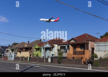 In the flight path at Sydenham with aircraft arriving to land at Sydney New South Wales Australia Stock Photo